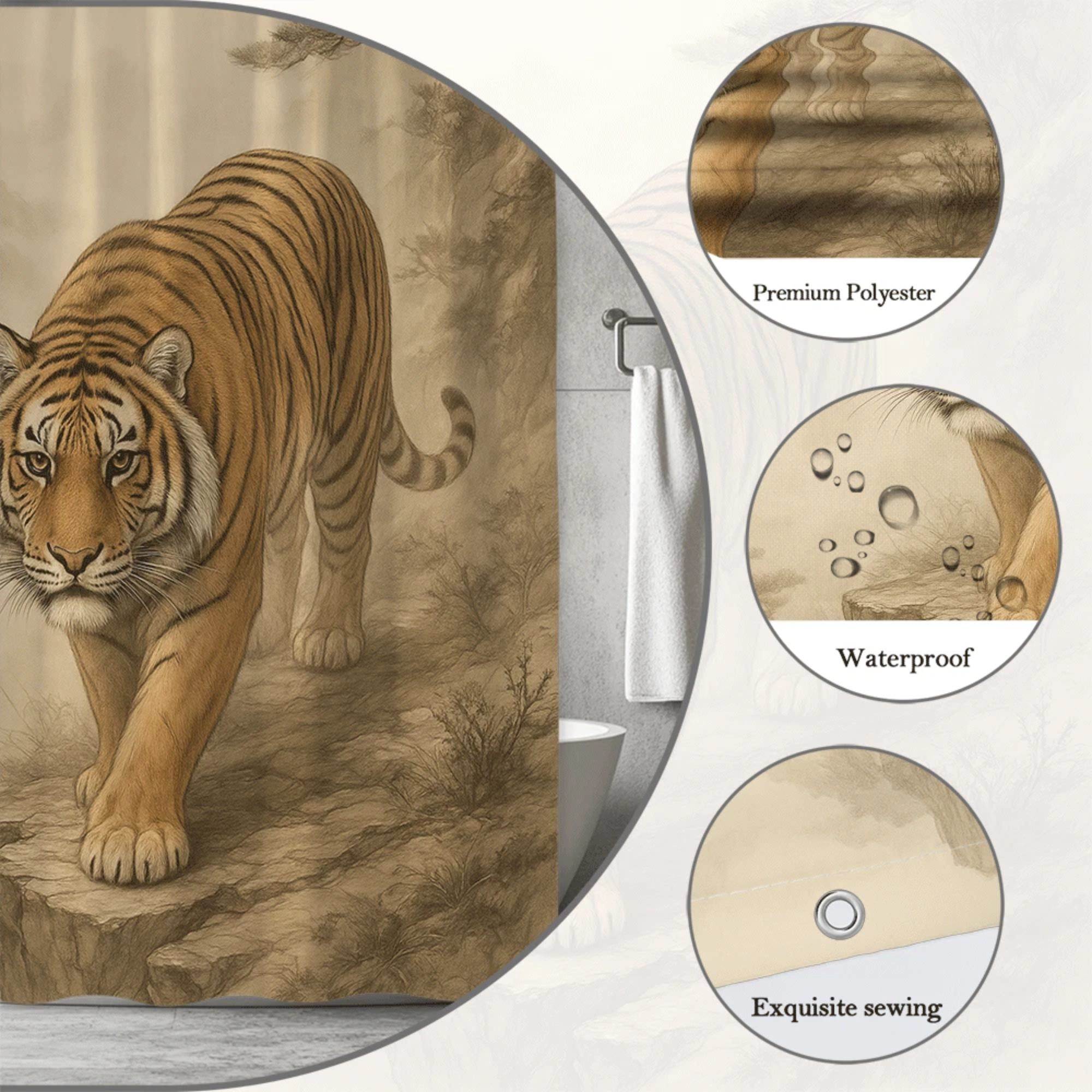 elegant tiger shower curtain 70.8" w x 70.8" l)