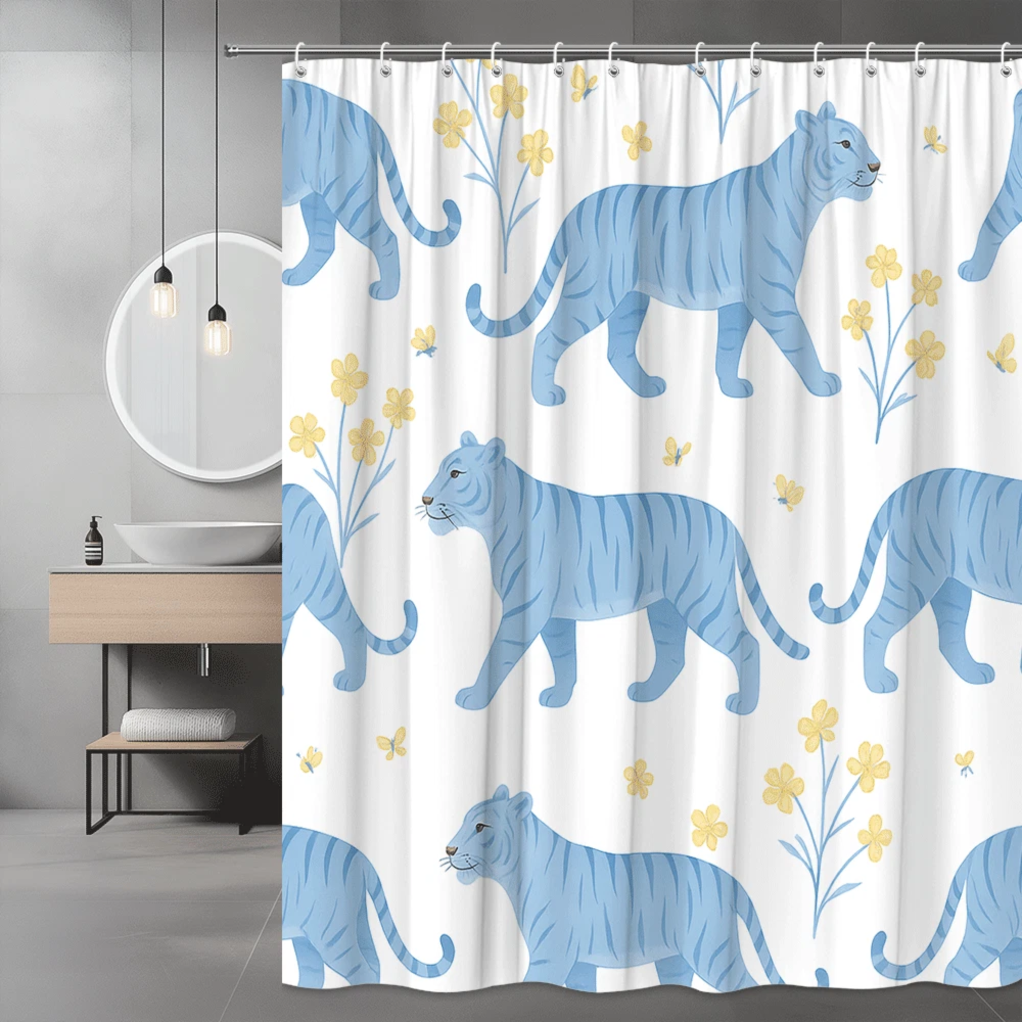 blue tiger floral shower curtain (70.8" w x 70.8" l)