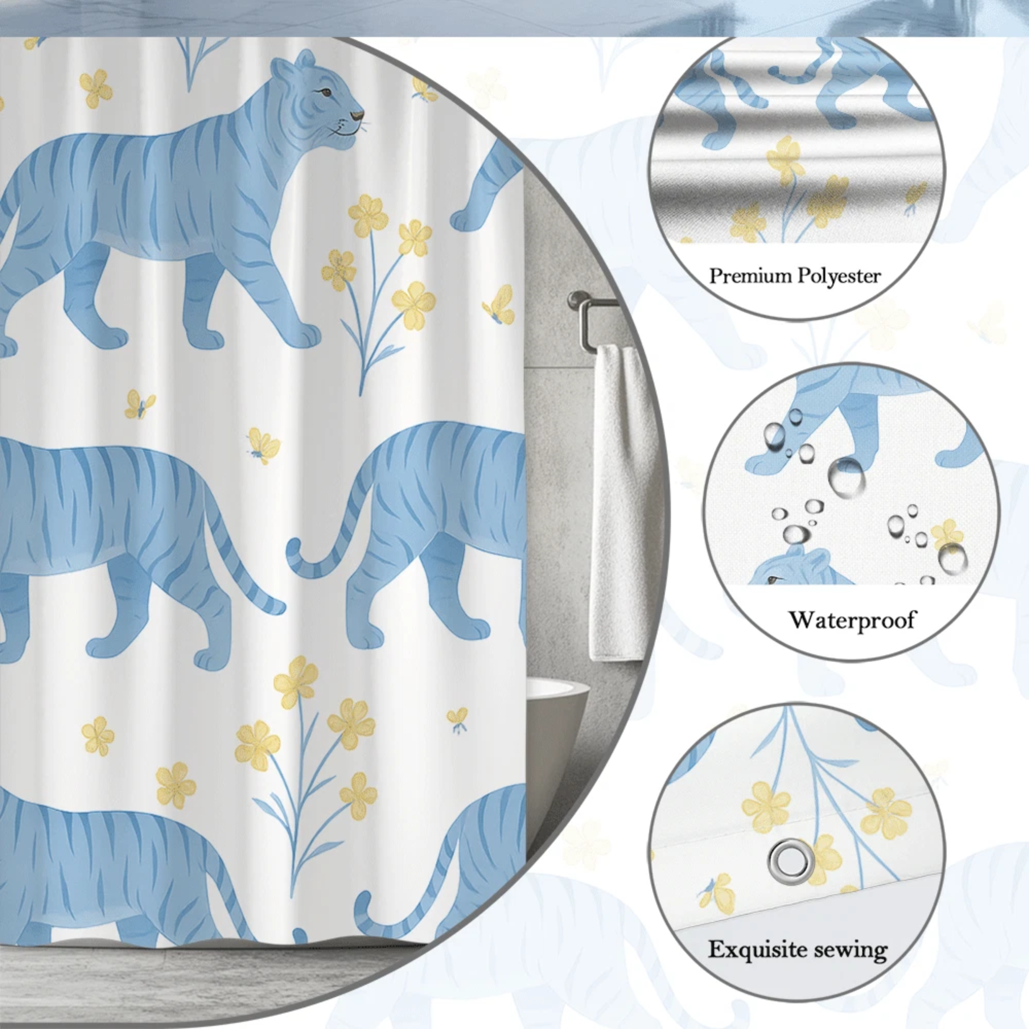 blue tiger floral shower curtain (70.8" w x 70.8" l)