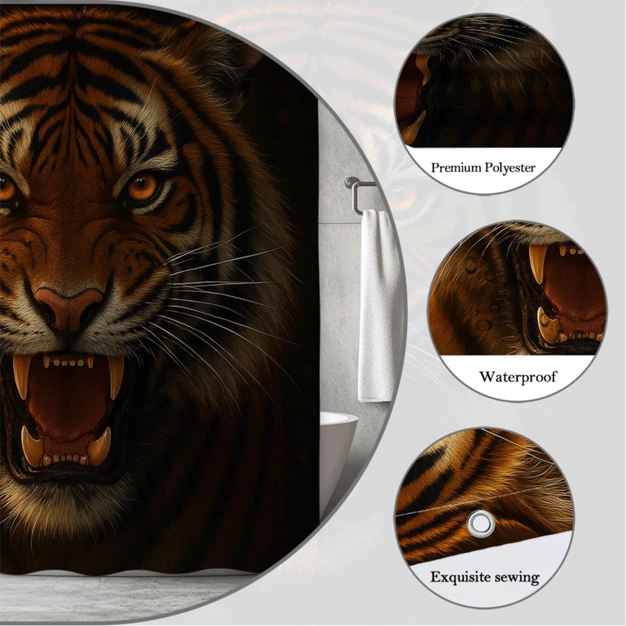 bold roaring tiger shower curtain (70.8" w x 70.8" l)