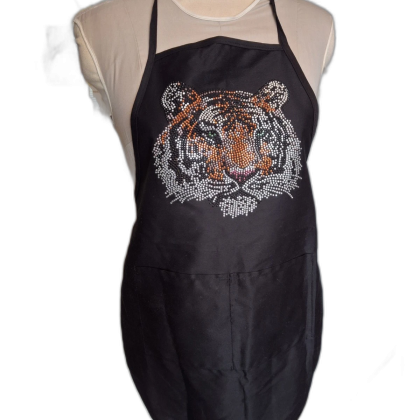 Black Apron with Rhinestone Tiger Head Design
