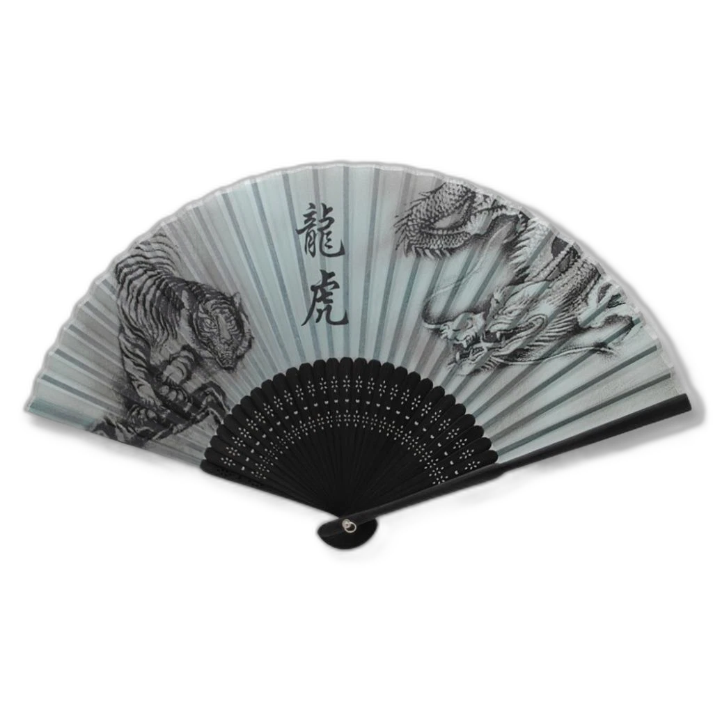 Silk Folding Pocket Fan 8in, Tiger & Dragon Print, Gray-Green