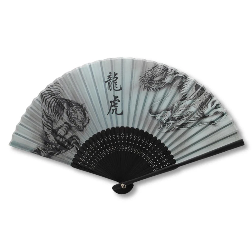 Silk Folding Pocket Fan 8in, Tiger & Dragon Print, Gray-Green